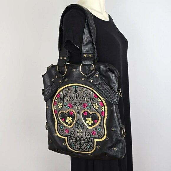 Loungefly Women's Sugar Skull Day of the Dead Large Black Faux Leather Bag Pink - Picture 3 of 16